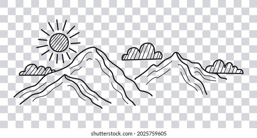 Montañas y nubes dibujadas a mano aisladas en un fondo transparente. Ilustración vectorial.