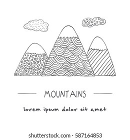 Hand drawn mountains in doodle style. For greeting cards, invitations, t-shirts, posters, banners, prints, coloring books and stickers. Anti stress vector illustration.