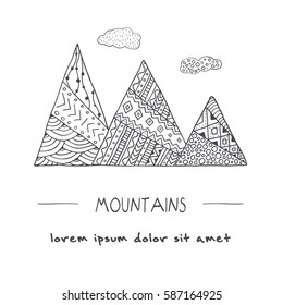 Hand drawn mountains in doodle style. For greeting cards, invitations, t-shirts, posters, banners, prints, coloring books and stickers. Anti stress vector illustration.