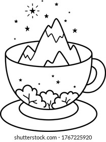 Hand Drawn mountains, forest and stars inside cup of coffee. Magic mug with the beautiful landscape inside for t-shirt prints, cards, stickers, design. Stylized isolated vector stock illustration.