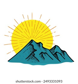 Hand drawn mountains halftone color vector illustration