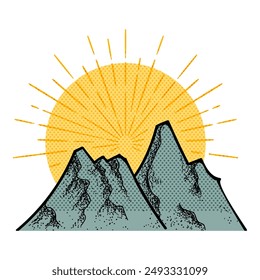 Hand drawn mountains halftone color vector illustration