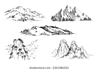 Hand drawn mountains illustration, mountain design, peak design, tattoo, everest, mountains background