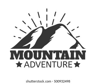 Hand drawn Mountains Logo set. Ski Resort vector icons with mountain silhouette. Ride and Snowboarding vintage badges, retro travel labels