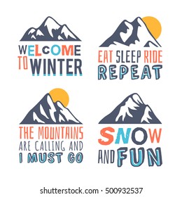 Hand drawn Mountains Logo set. Ski Resort vector icons with mountain silhouette. Ride and Snowboarding motivation badges. Riders quotes, travel labels