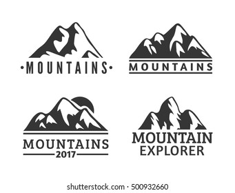 Hand drawn Mountains Logo set. Ski Resort vector icons with mountain silhouette. Ride and Snowboarding badges, travel labels