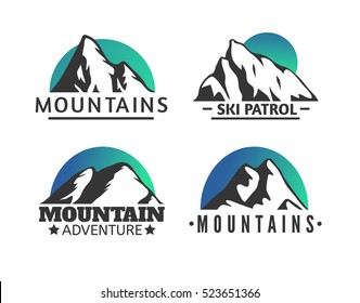 Hand drawn Mountains Logo set. Ski Resort vector icons, mountain silhouette elements. Ride and Snowboarding symbols isolated, travel labels