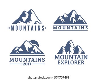 Hand drawn Mountains Logo set. Ski Resort vector icons, mountain silhouette elements. Ride and Snowboarding symbols isolated, travel labels