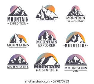 Hand drawn Mountains Logo set. Ski Resort vector icons, mountain silhouette elements. Ride and Snowboarding symbols isolated, travel labels