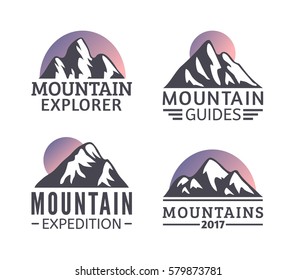 Hand drawn Mountains Logo set. Ski Resort vector icons, mountain silhouette elements. Ride and Snowboarding symbols isolated, travel labels