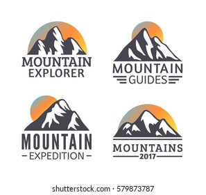 Hand drawn Mountains Logo set. Ski Resort vector icons, mountain silhouette elements. Ride and Snowboarding symbols isolated, travel labels