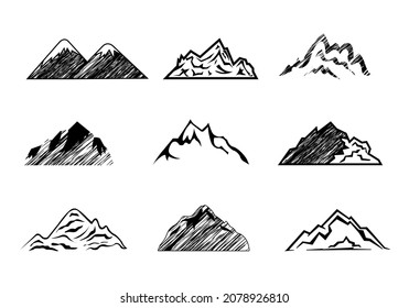 Hand Drawn Mountains Set Isolated, Vector Illustration