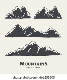 Hand Drawn mountains. Set of travel sketch illustration. Adventures logos isolated on light background. Vector illustration.