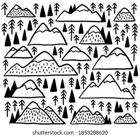 Hand drawn mountains set. Vector collection with mountains and trees. Isolated black elements on white backgound.