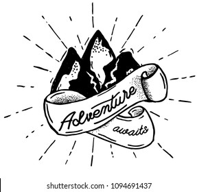 Hand drawn mountains silhouette icon with ribbon adventure awaits. Isolated vector object for logos and vintage graphic