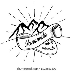 Hand drawn mountains silhouette icon with Yosmite. Isolated vector object for logos and vintage graphic