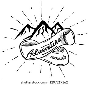 Hand drawn mountains silhouette icon with ribbon adventure awaits. Isolated vector object for logos and vintage graphic