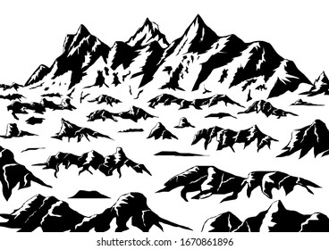 siluetas de montaña dibujadas a mano para fondo de alta montaña, ilustraciones vectoriales