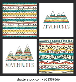 Hand drawn mountains silhouettes with ornamental seamless background and handwritten lettering. Adventure. Set of stylish outdoor cards template. Vector collection.