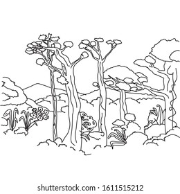 Hand drawn Mountains sketch landscape with hills, pine and clouds. Line design. Stylish vector illustration, monochrome. A linear pattern for design. Art. Nature.