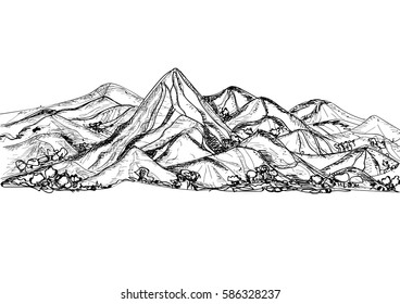 Hand drawn Mountains sketch landscape. Vector Illustration
