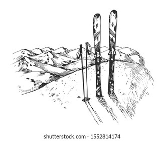 Hand drawn mountains and ski in the snow. Vector outline isolated on white background