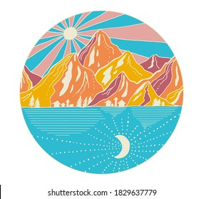 Hand Drawn Mountains With Sun And Moon. Line Art Landscape Vector Illustration In Circle. Blue, Yellow And Pink Art In Doodling Style.