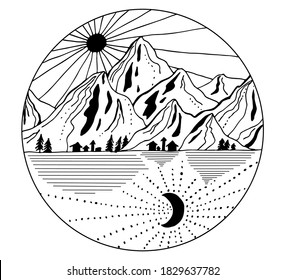 Hand drawn mountains with sun and moon. Outline landscape vector illustration. Black and white line art in doodling style.