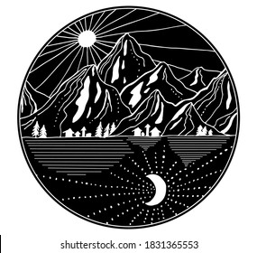 Hand drawn mountains with sun and moon. Outline landscape vector illustration. Black and white line art in doodling style.
