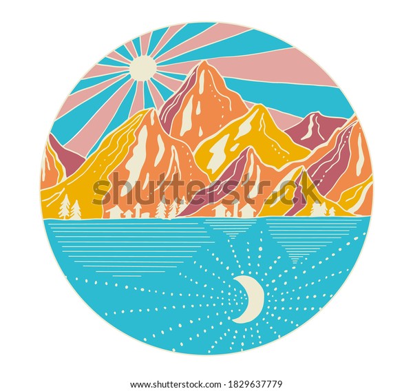 Hand Drawn Mountains Sun Moon Line Stock Vector (Royalty Free) 1829637779