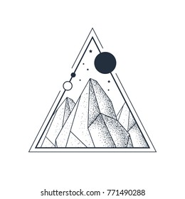 Hand drawn mountains textured vector illustration in a triangle. Geometric style.