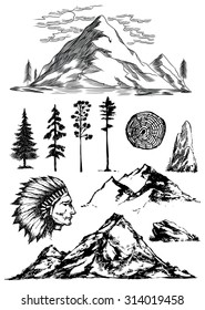 Hand drawn mountains trees rock indian chief head vector illustrations