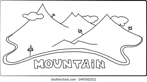 Hand drawn mountains vector. A black-white image of the mountains with pine trees and man