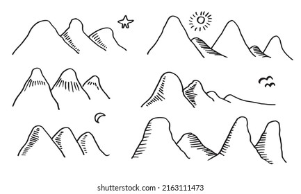 conjunto de ilustraciones vectoriales de las montañas dibujadas a mano, silueta de naturaleza paisajística, estilo de grabado, ilustración vectorial dibujada a mano. 