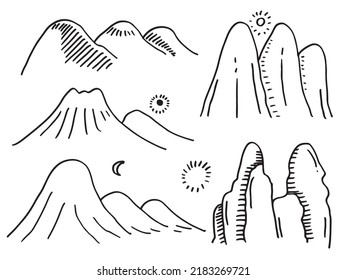 Hand Drawn mountains vector illustration set, landscape nature silhouette, engraving style, hand drawn vector illustration. 