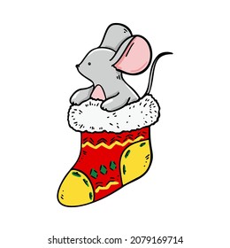 Hand drawn mouse in Christmas sock. Vector illustration