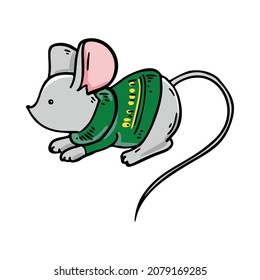 Hand drawn mouse in green sweater. Vector illustration