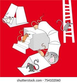 hand drawn mouse playing with paper leaves