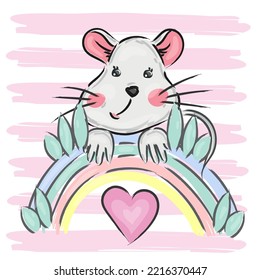 Ratón dibujado a mano y arco iris. Ilustración vectorial de carácter de dibujos animados. Diseño infantil impreso en camiseta.