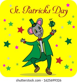 Hand drawn mouse symbol of 2020 in doodle style. Greeting card for St. Patrick's Day. March 17th. Stock Vector Illustration.