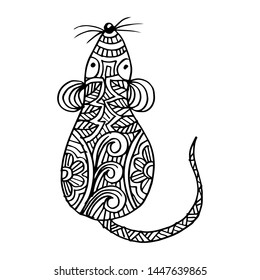 Hand Drawn Mouse. Zentangle Stylized Symbol Of Year 2020.