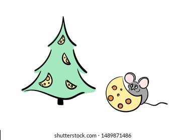 Hand drawn mouse. Zodiac sign Rat in Happy New Year. Cute mouse. Animal wildlife cartoon character. Mouse animal, rat rodent vector illustration. Grey  little mice symbol 2020. Year of the rat.