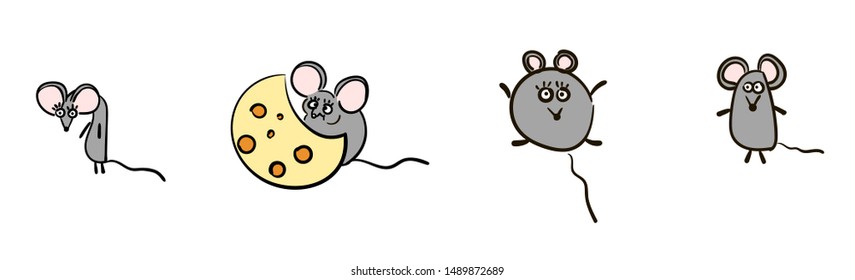 Hand drawn mouse. Zodiac sign Rat in Happy New Year. Cute mouse. Animal wildlife cartoon character. Mouse animal, rat rodent vector illustration. Grey  little mice symbol 2020.