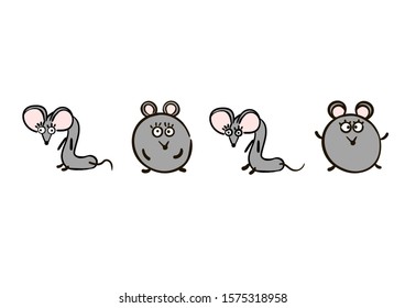 Hand drawn mouse. Zodiac sign Rat in Happy New Year. Cute mouse. Animal wildlife cartoon character. Mouse animal, rat rodent vector illustration. Grey  little mice symbol 2020.