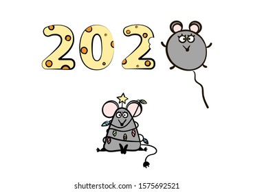 Hand drawn mouse. Zodiac sign Rat in Happy New Year. Cute mouse. Animal wildlife cartoon character. Mouse animal, rat rodent vector illustration. Grey  little mice symbol 2020.
