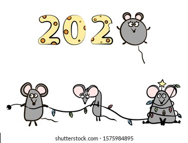 Hand drawn mouse. Zodiac sign Rat in Happy New Year. Cute mouse. Animal wildlife cartoon character. Mouse animal, rat rodent vector illustration. Grey  little mice symbol 2020.