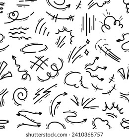 Patrón de líneas de movimiento dibujadas a mano. Vector sin soldadura, fondo de mosaico con elementos dinámicos de movimiento veloz, líneas fluidas y flechas, que capturan la esencia de la intensidad o la acción en cascada visual