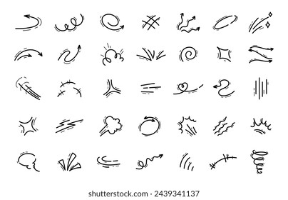 Hand drawn movement motion lines. Comic or manga motion page pencil doodle vector symbols set. Hand drawn graphic effect speed or hit movement, surprise expression, scream effect lines collection