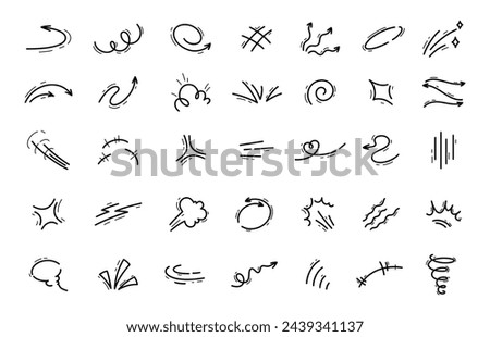 Hand drawn movement motion lines. Comic or manga motion page pencil doodle vector symbols set. Hand drawn graphic effect speed or hit movement, surprise expression, scream effect lines collection