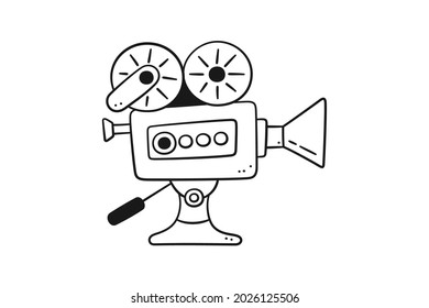 Hand drawn movie camera. Cinema projector in doodle style. Old vintage video camera. Vector illustration isolated on white background. Black and while.